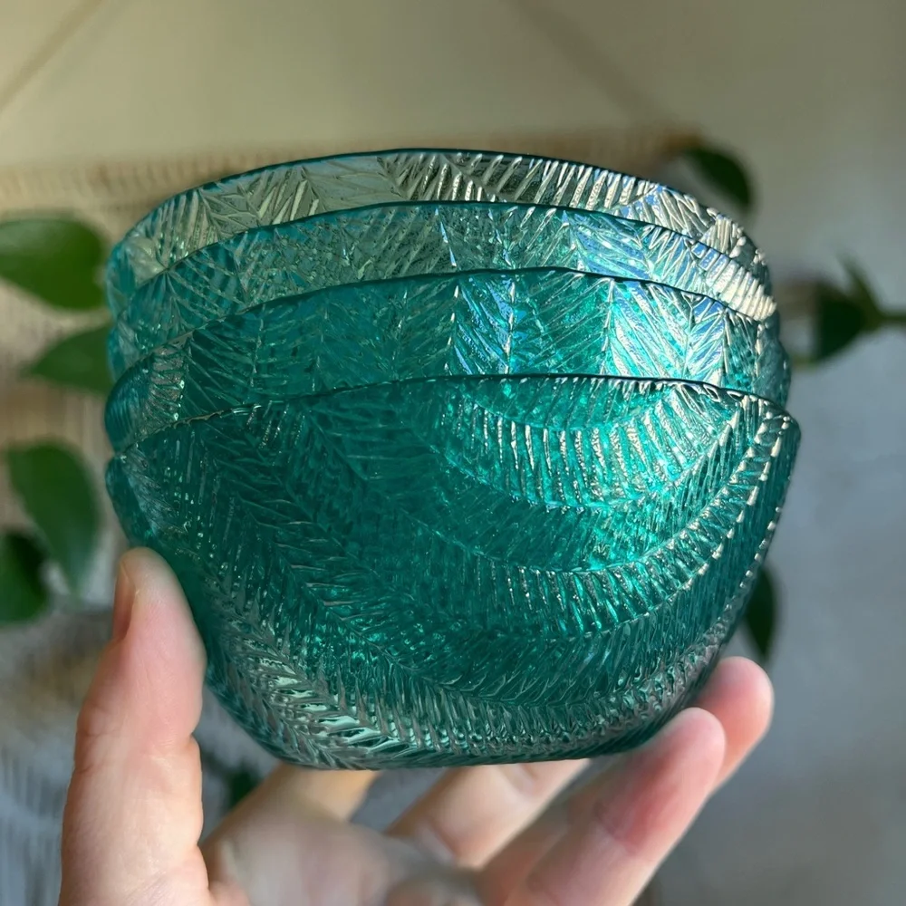 Set of 4 Vintage Teal Glass Bowls Leaf Pattern Dessert / Ice Cream / Berry Dish